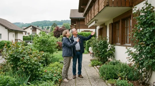 Couple discutant de la valeur de leur maison en Suisse romande