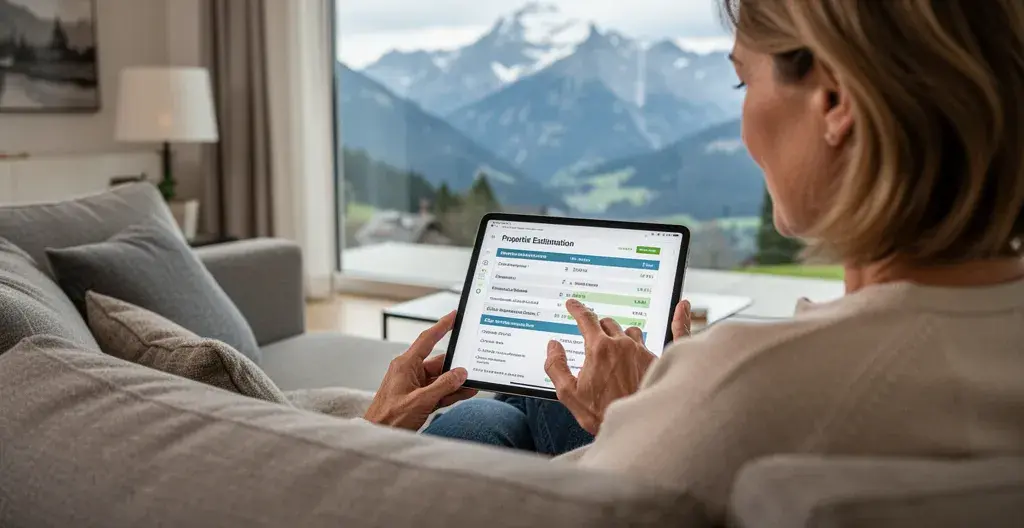 Propriétaire consultant un rapport d'estimation immobilière sur tablette