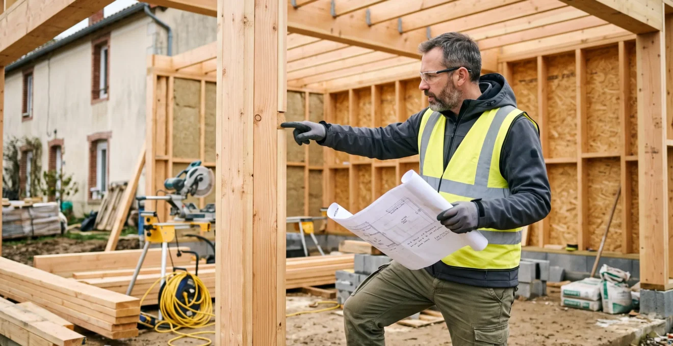 Maître d'œuvre ou architecte vérifiant les plans sur un chantier d'extension de maison en construction