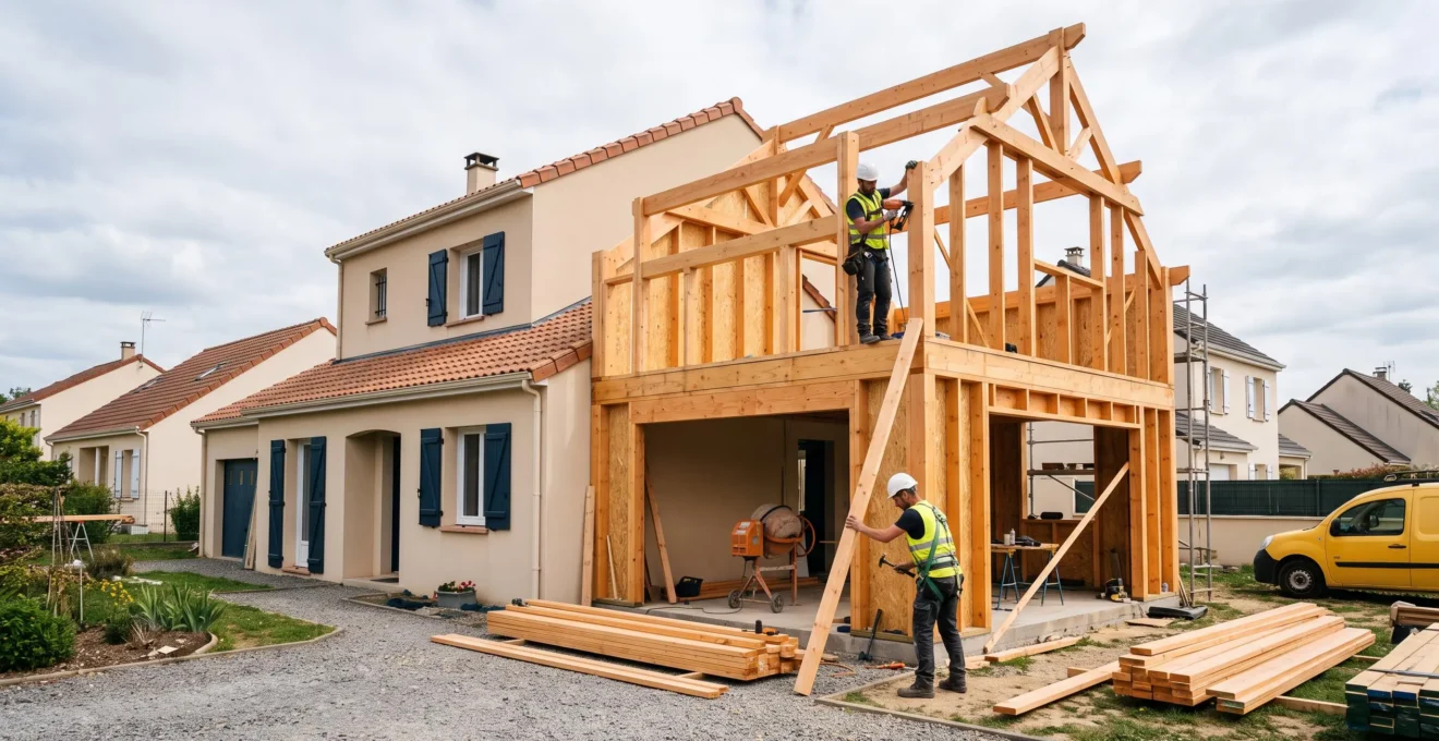 Chantier d'extension de maison en ossature bois avec ouvriers installant la structure sur une maison pavillonnaire française existante