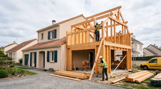 Chantier d'extension de maison en ossature bois avec ouvriers installant la structure sur une maison pavillonnaire française existante