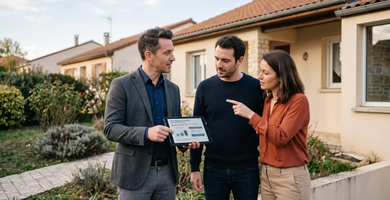 Conseiller en financement rencontrant un couple devant leur maison pour discuter du projet d'extension