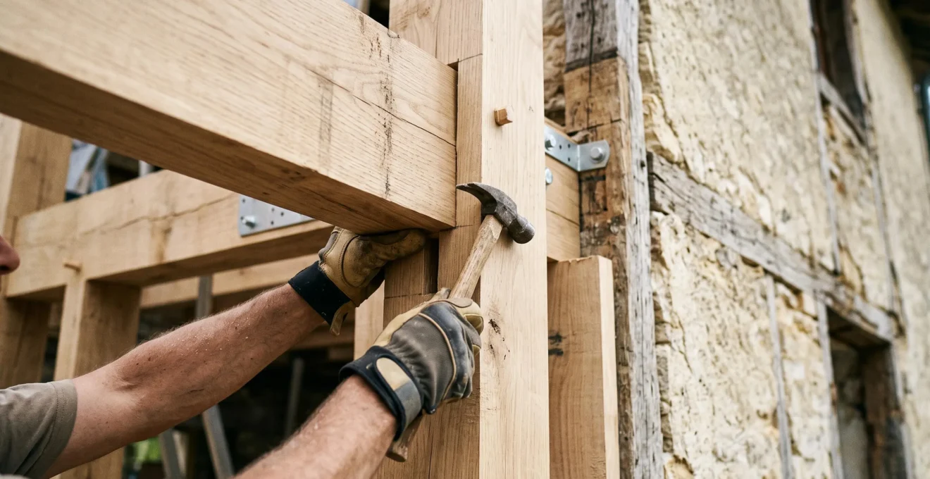 Détail des mains d'un charpentier assemblant la jonction entre l'ossature bois de l'extension et le mur de la maison existante